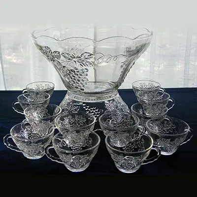 Glass Punch Bowl and Tea Cup Glasses